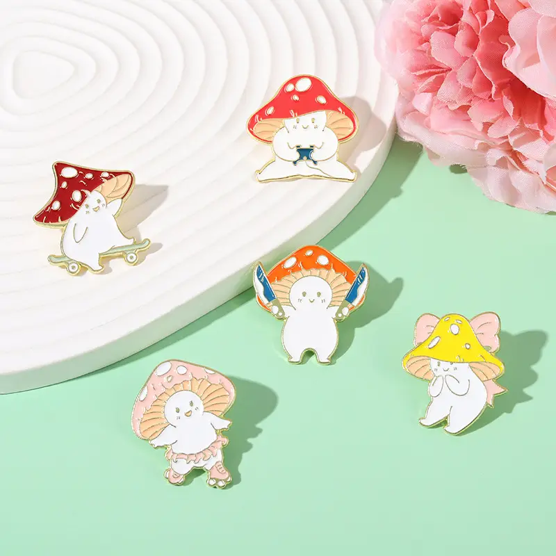 Mushroom series creative red mushroom cute pin metal badge butterfly playing skateboard hat pins in available