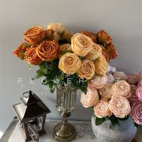 Karangan Bunga Mawar Buatan Tangan Elegan Warna Oranye Musim Gugur dari Kain Sutra, Hadiah Hari Valentine Natal, Dekorasi Meja Pernikahan Grosir