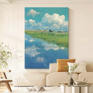 Peinture à l'huile peinte à la main style Miyazaki Hayao, ciel bleu, nuages blancs, 120x180cm, art décoratif pour salon, décoration murale - Product Image 1