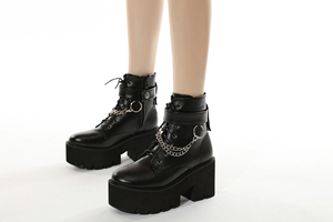New Arrival High Heel Girls Ankle Booties Black PU Leather <strong>Boots</strong> Metal <strong>Chain</strong> 8 cm Thick Soles Cosplay Women Shoes - Product Image 5