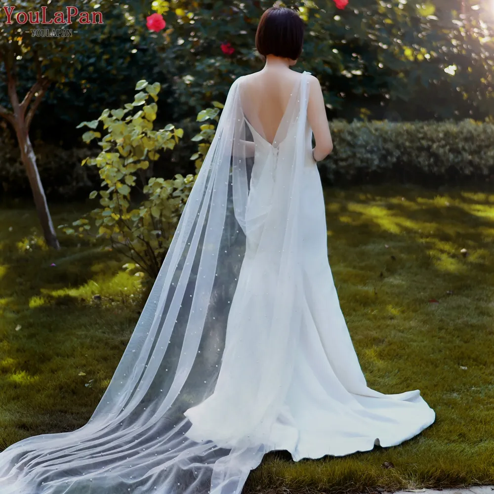 YouLaPan VG41-YP Elegant Pearl Bridal Long Cape Banquet Dress Accessories Bolero Cape Soft Tulle For Bridal Wedding Veil