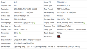 C090EAN01.1 Moniteurs LCD neufs d'origine de 9 pouces 1280*720 680 nits Écran TFT Panneaux de qualité industrielle Affichage automobile - Product Image 3