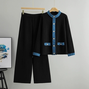 Conjunto de 2 Piezas para Mujer 2026, Chaqueta de Punto con Parches de Mezclilla y Pantalones Anchos, Atuendo <span class=keywords><strong>Casual</strong></span> de Dos Piezas, Venta al Por Mayor - Product Image 2