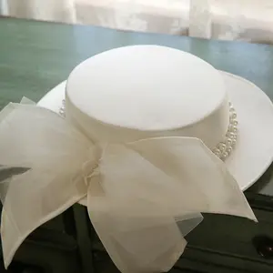 Bridal White Elegant Satin Bow Hat With Rhinestone Pearls Large Bucket Church Wedding Photography Hat