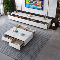 Ensemble table basse et meuble TV extensible en pierre frittée brillante moderne, éco-responsable, style italien de luxe léger, armoire murale pour petits espaces