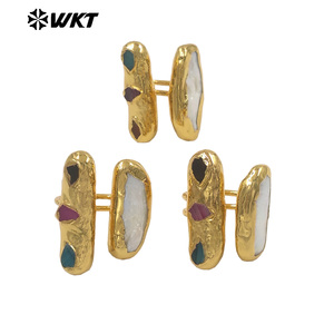 Anillos ajustables de perlas de agua dulce y piedra de ágata pequeña Natural chapada en oro de doble piedra de gran oferta de 2017 - Product Image 3