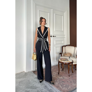 Conjunto Elegante de Pantalones y Chaleco con Detalle de Ribete y Cinturón, Traje de Mezclilla Negro para Mujer, Talla S - Product Image 2