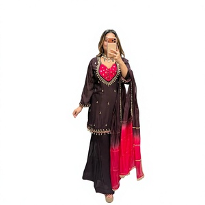 Traditional <b>Indian</b> Pakistani Women's <b>Kurta</b> Set Floor Length Loose Fit Polyester Party Wear Dark Brown Embroidered Detail - Product Image 1