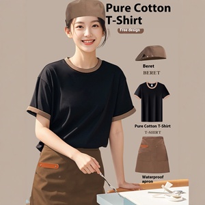 Camiseta de manga corta de algodón puro con logotipo impreso personalizado <span class=keywords><strong>para</strong></span> trabajadores de restaurante, Bar, camarero de catering de verano, accesorios de ropa de trabajo calientes - Product Image 1