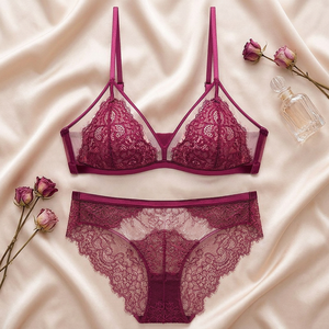 Wholesale Women's Red Lace Bra and Panty <b>Set</b> Breathable Wire Free <b>Sexy</b> Bra <b>Set</b> Romantic See Through Intimates <b>Set</b> OEM ODM - Product Image 3