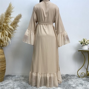 1856# Elegant Muslim Women Abaya Shiny Gold <b>Sequins</b> Open Abayas Long Robe With Chiffon Patchwork <b>Flare</b> Sleeve - Product Image 4