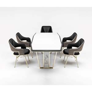 Ensemble de table à manger moderne en métal 6 places avec plateau en bois pour maison, appartement, hôtel, salle à manger - Product Image 1