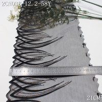 Dentelle brodée en maille noire de 21 cm avec fil métallique brillant, motif flamme abstraite, pour la décoration d'Abaya, Kaftan et Robe de Soirée