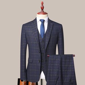 <span class=keywords><strong>Costume</strong></span> trois <span class=keywords><strong>pièces</strong></span> à carreaux <span class=keywords><strong>bleu</strong></span> <span class=keywords><strong>marine</strong></span> pour hommes de haute qualité costumes d'affaires élégants avec braguette zippée grande taille pour les mariages et l'hébergement - Product Image 2