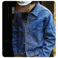 LARSUR Veste en jean personnalisée avec lisière, délavée en usine, bouton Western Style japonais Paris Veste en jean de récupération à boucle pour hommes