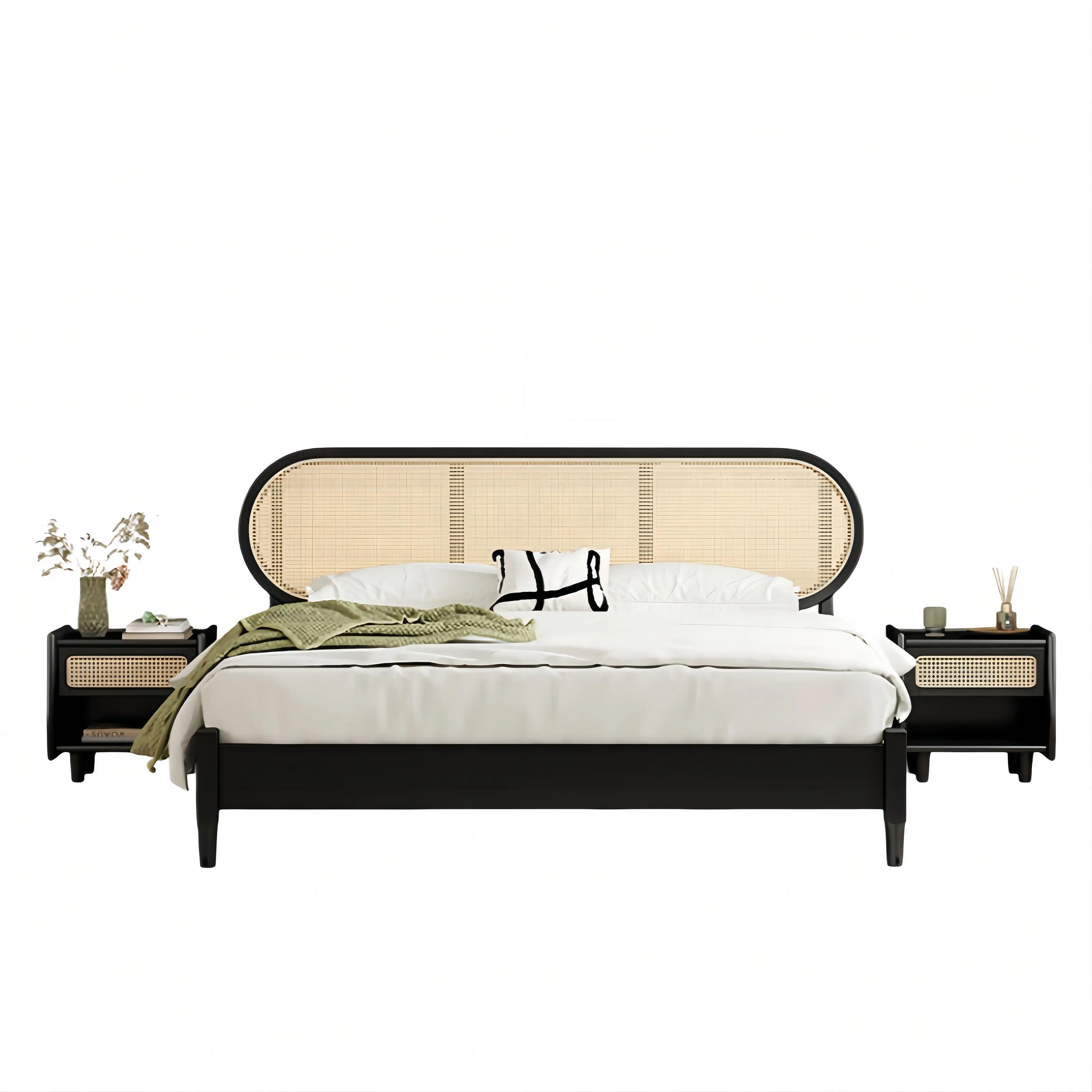 अपार्टमेंट के लिए नॉर्डिक ठोस लकड़ी का रतन बिस्तर आधुनिक न्यूनतम बेडरूम फर्नीचर रेट्रो स्टाइल किंग साइज बेड फ्रेम लकड़ी का बिस्तर