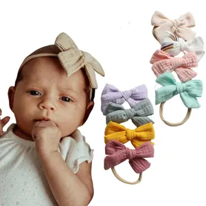4Pcs/Set Cotton Gauze Baby Bow Headband Elastic Wash Cloth Thin Ribbon Bowknot Set Newborn Baby Expectant Gift Headwear