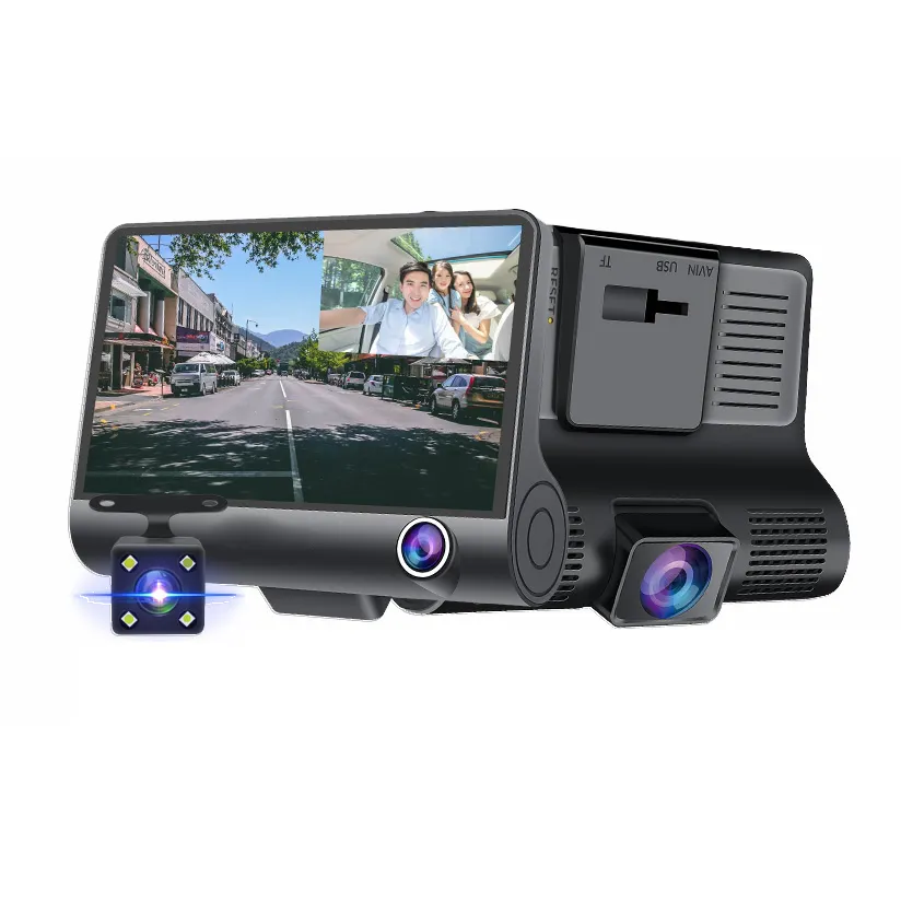 3 Lens Dashcam 4 Inch Touchscreen Met Achterste Auto Camera Recorder Nachtzicht Loop Opname G-Sensor Parkeermonitor