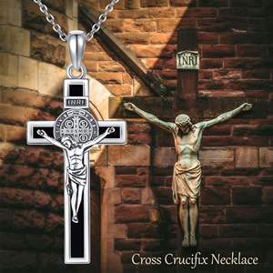 Bijoux religieux, <span class=keywords><strong>collier</strong></span> avec pendentif croix en <span class=keywords><strong>argent</strong></span> sterling 925, médailles de saint Benoît pour hommes - Product Image 6