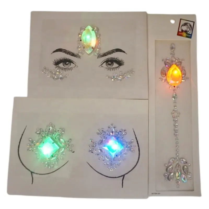 Gratis Sampel Grosir Glowing Rambut Mata Tubuh Permata Stiker Led Wajah Perhiasan untuk Festival