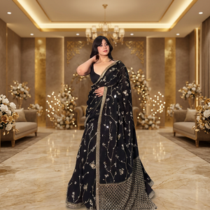 TENNECY Choli de travail extensible en georgette noire tendance avec broderie de fil et sequins pour fêtes et mariages - Product Image 1