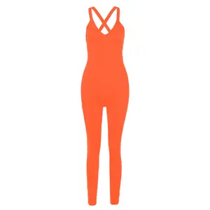 Halter arancione donna costine lavorate a maglia a vita alta donna bodycon tuta pagliaccetto senza maniche backless yoga palestra deep v tuta