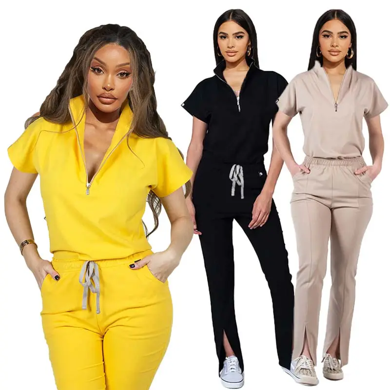 New design rayon viscose scrub suit female nurse black zipper shirt Split pants work and chill scrub suits for women with logo