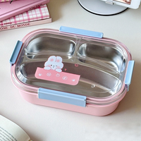 Boîte à lunch en acier inoxydable C22 Cartoon Kids à 3 compartiments, hermétique, compatible micro-ondes, double niveau, type bento