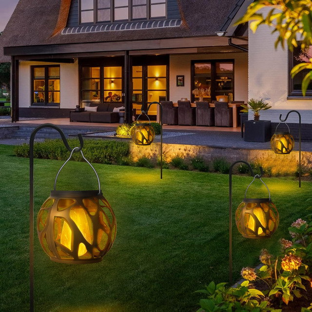 New Solar Hollow Hanging Chandelier Waterproof LED Simulation Flame Lamp for Outdoor Garden Landscape Decorative Lighting