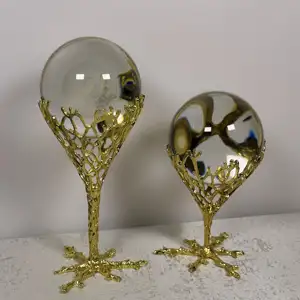 北欧金色奢华水晶球带金属框架底座工艺品家居装饰件