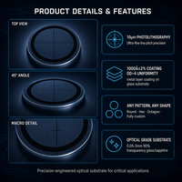 Lentille oculaire optique en verre photolithographique à motif personnalisé, revêtement métallique, 90 % de transmission, découpe laser
