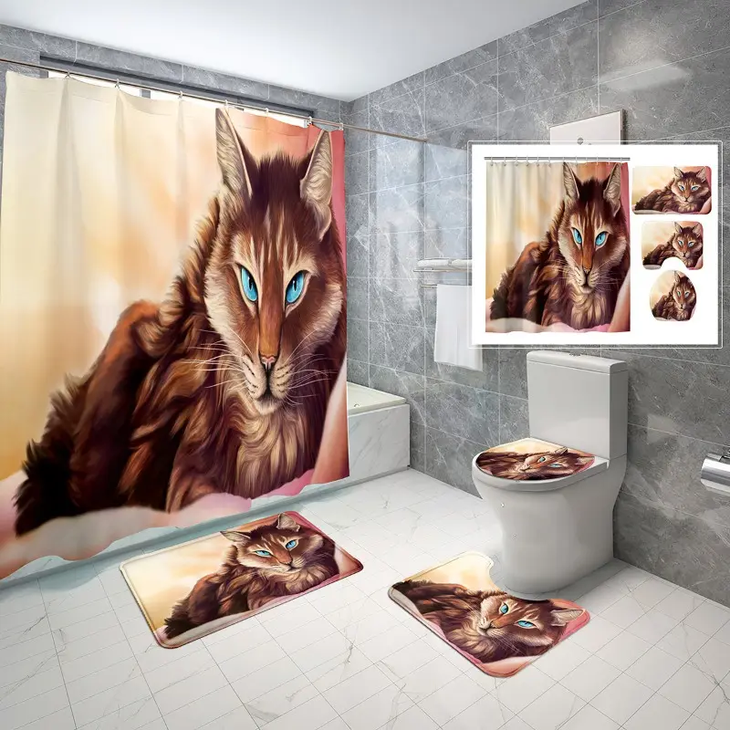 4 Uds. Juegos de cortinas de ducha de gato de dibujos animados arte mágico animales lindos antideslizante alfombrilla de baño cubierta de inodoro juego de cortina de ducha impermeable