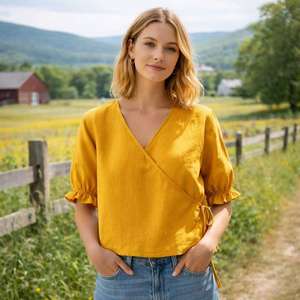 Abbigliamento Femminile di Alta Qualità, <span class=keywords><strong>Camicia</strong></span> <span class=keywords><strong>Gialla</strong></span> in <span class=keywords><strong>Lino</strong></span> su Misura con Scollo a V, Elegante Abbigliamento Donna - Product Image 1