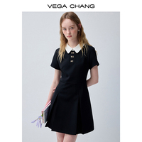 Robe Courte VEGA CHANG Noire à Col Blanc Contrastant pour Femme, Manches Courtes, Détail Boutons, Coupe Slim, Style Décontracté