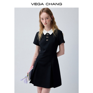 VEGA CHANG <strong>Black</strong> Contrast White Collar Mini <strong>Dress</strong> for Women Short Sleeve <strong>Button</strong> Detail Slim Fit a Line Casual <strong>Dress</strong> - Product Image 3