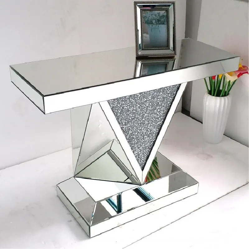 Mesa de consola de diamante triturado Mdf cristal diamante triturado con espejo plateado de 4mm