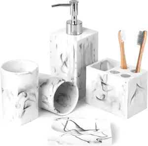 Elegante Artesanal De Mármore Olhar Cerâmica Acessórios Do Banheiro Define Toothbrush Holder Soap Dispenser TOILET ESCOVA TRASH CAN