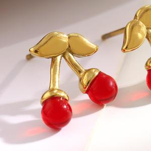 Pendientes de tuerca de cereza de acero inoxidable chapados en oro para mujer, joyería de moda <span class=keywords><strong>E476</strong></span> - Product Image 5