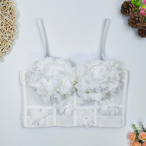 Débardeur court en dentelle et résille à baleines avec coussinets de poitrine, orné de fleurs et de perles, pour femme, style mode - Product Image 2