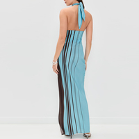 Gaun Maxi Gaya Chic Modern Wisrise Fashion Factory Desain Baru Wanita Warna Turquoise Coklat Bergaris Halter V-Neck Belahan Samping 100% Sutra