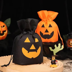 New Eco-friendly Halloween Orange Black Non Woven Folding Drawstring <b>Bag</b> with Funny Decoration and Candy Picking Handbag - Product Image 4
