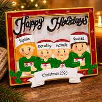 Joyeuses Fêtes - Ornement de Noël en résine avec portrait de famille, cadre, bannière, pull vert, chapeau de Père Noël en relief, à suspendre à l'arbre, haute qualité