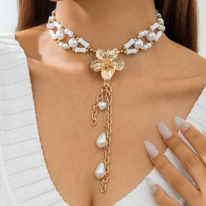 YG-81ทำด้วยมือปรับได้หลายคู่2ชั้นคอเครื่องประดับผู้หญิงลูกปัดอะคริลิคไข่มุกสร้อยคอยาวพู่ห้อยดอกไม้ - Product Image 1
