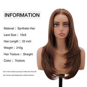 Perruque Lace Front Synthétique <span class=keywords><strong>Marron</strong></span> de 22 Pouces pour Femme, Transparente, Ajustable, Ligne de Cheveux Naturelle, Lisse, Haute Qualité - Product Image 3