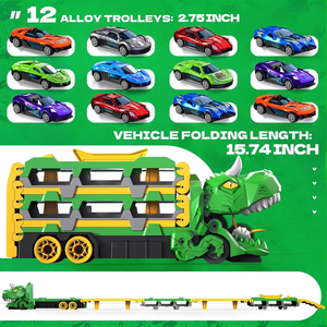 Tren de Juguete Transformable de Dinosaurio, Porta Coches Plegable con Doble Pista, Vehículo de Carreras de Aleación, Carro de Almacenamiento para Niños - Product Image 1