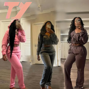 TUOYI Ensemble pantalon deux pièces vintage personnalisé pour femmes, sweat court à capuche zippé et pantalon évasé, veste délavée à l'acide, pantalon slim, survêtements - Product Image 1