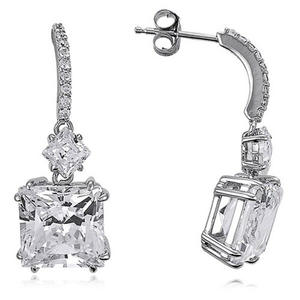 Orecchini Pendenti in Cristallo Oro Bianco, Argento 925 Placcato Rodio, Montatura Geometrica a Griffe, Gioielli Classici da Sposa per Donna - Product Image 1