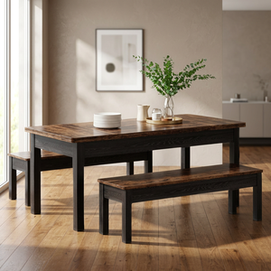 Juego de Mesa de Cocina Estilo Rústico de 3 Piezas que Ahorra Espacio, Mesa de Comedor de Madera Resistente de 55 Pulgadas para 4-6 Personas, 2 Bancos, Comedor, Color Negro - Product Image 3