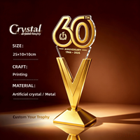 Trophée personnalisé en métal doré vierge avec cristal, durable, imprimé en typographie, pour événements professionnels (trophées, médailles et plaques)