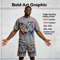 Ensemble de sport décontracté deux pièces pour hommes, motif graffiti, t-shirt et short amples grande taille, personnalisable avec impression sur mesure